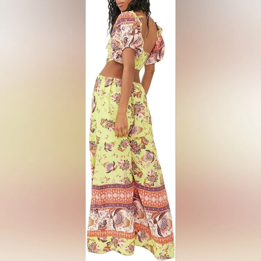 Free People  Bali Citrus Skies wide leg Open Top Jumpsuit